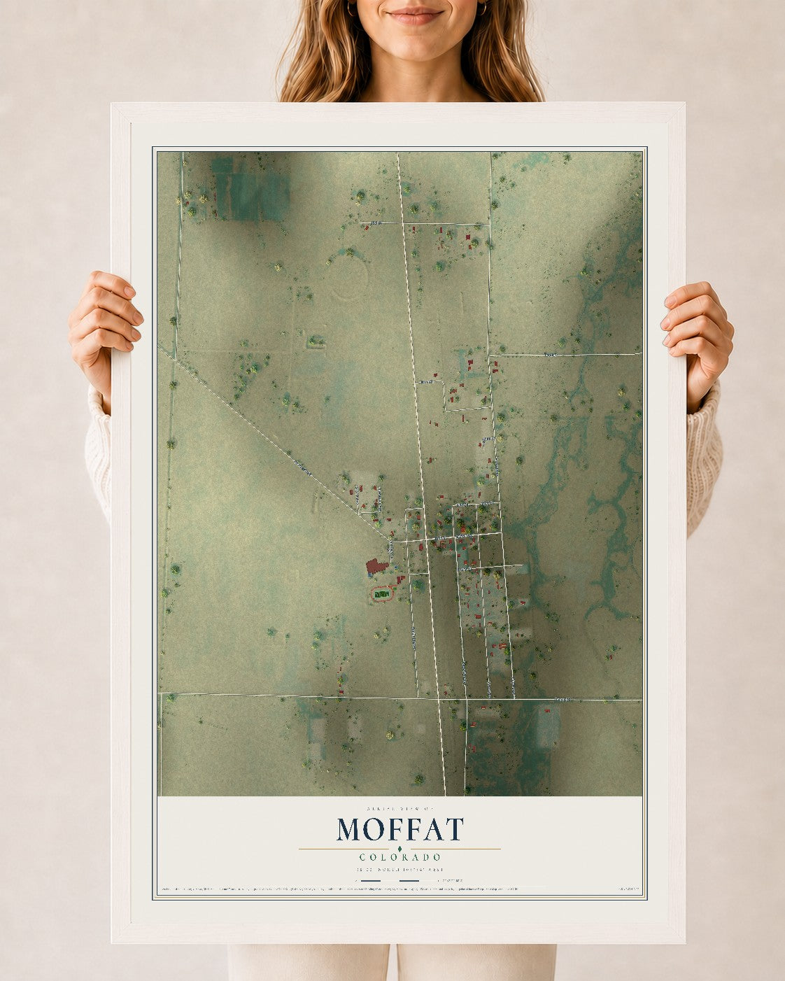 Map of Moffat, Colorado, 24 x 36 inch print in a white wood frame