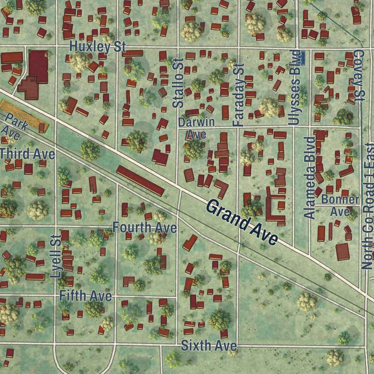 Second close-up of the map of Monte Vista, Colorado print showing more streets and buildings
