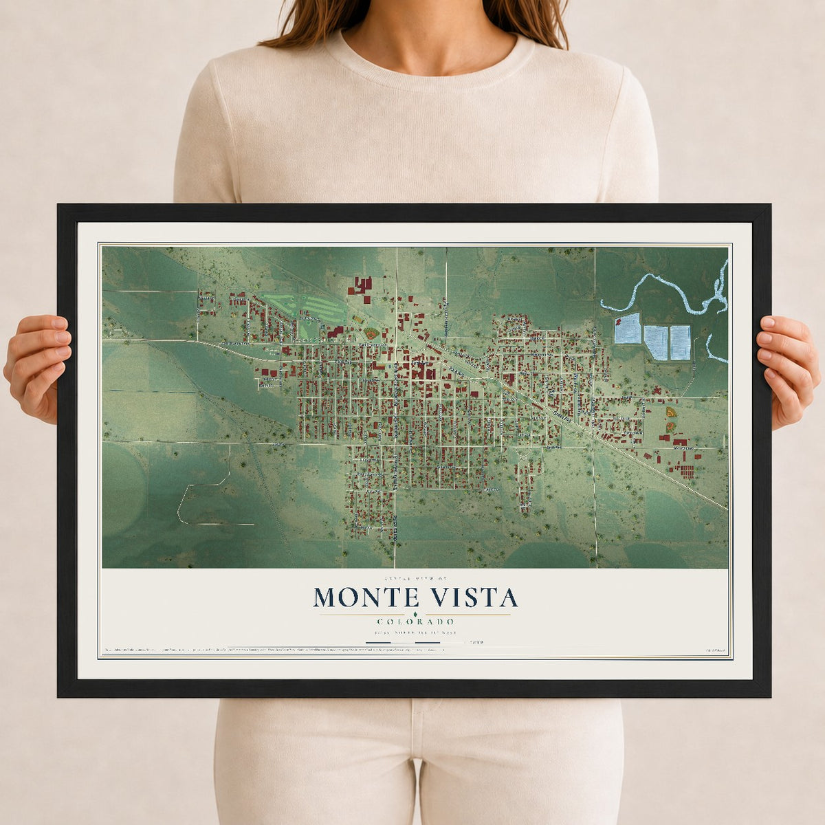 Map of Monte Vista, Colorado, 12 x 18 inch print in a black wood frame
