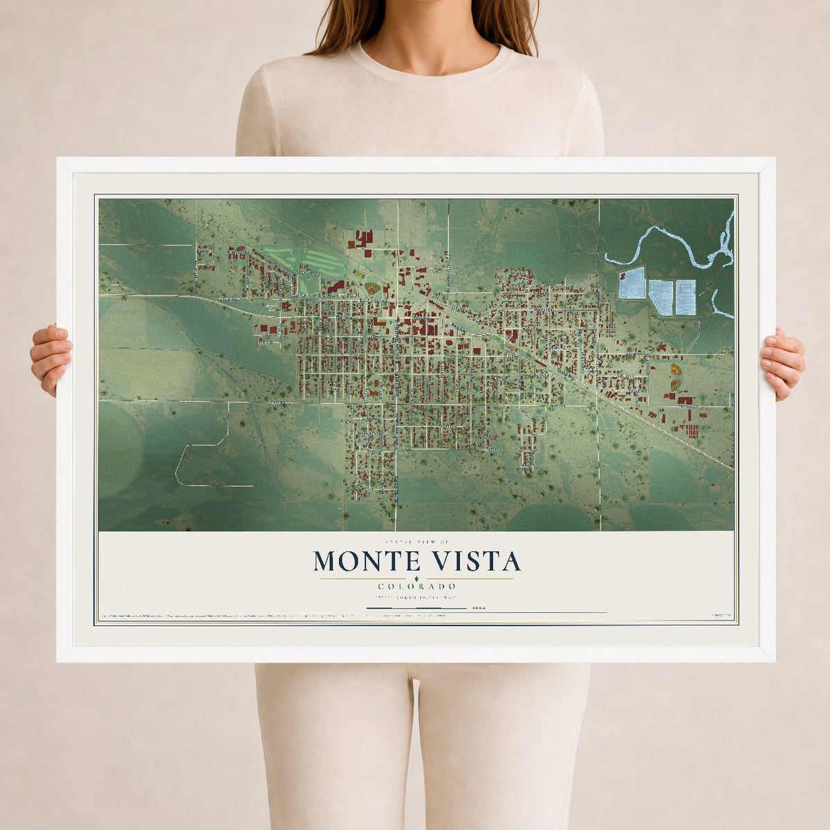 Map of Monte Vista, Colorado, 24 x 36 inch print in a white wood frame