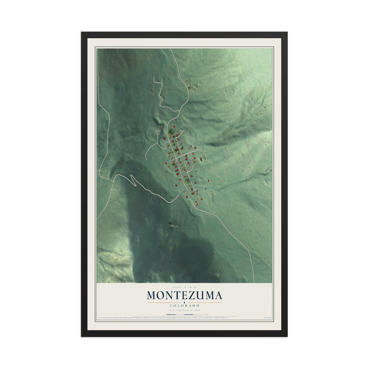 Map of Montezuma, Colorado, 12 x 18 inch print in a black wood frame