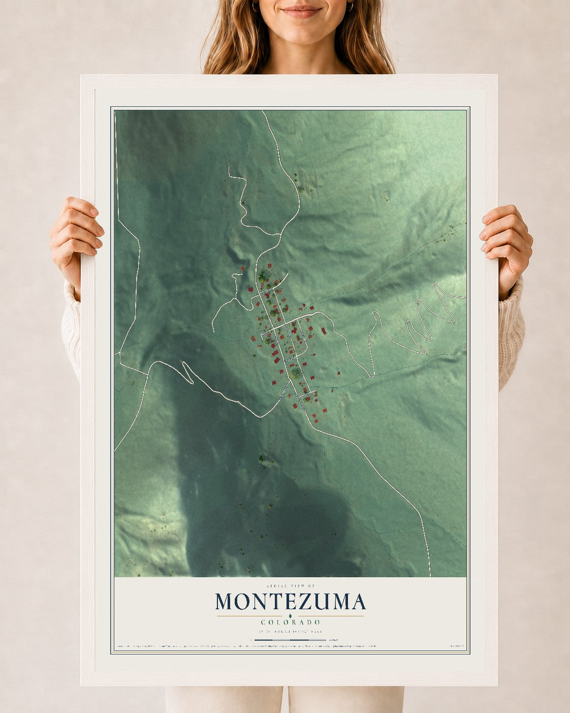Map of Montezuma, Colorado, 24 x 36 inch print in a white wood frame