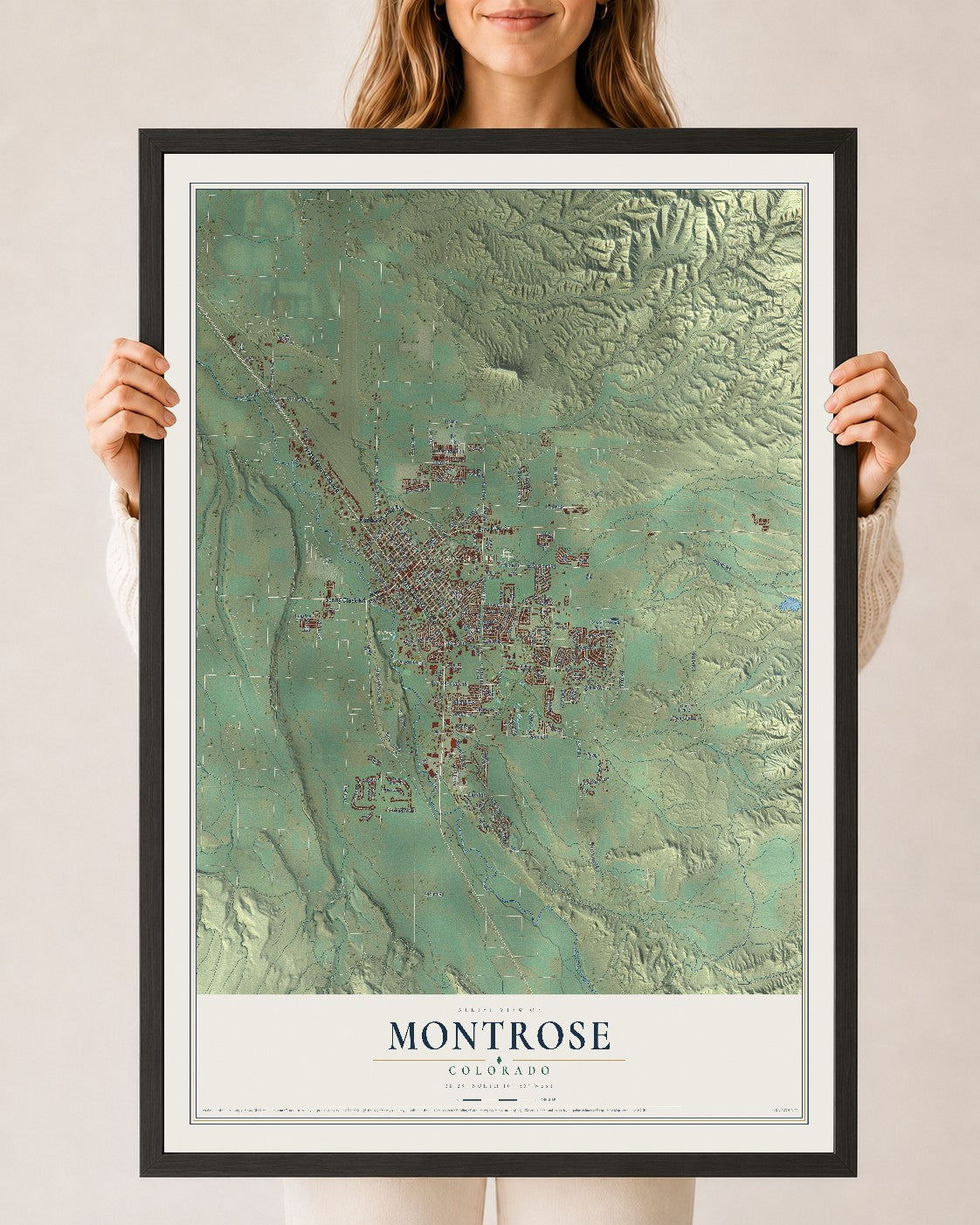Map of Montrose, Colorado, 24 x 36 inch print in a black wood frame
