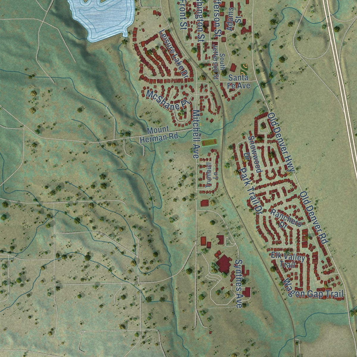 Second close-up of the map of Monument, Colorado print showing more streets and buildings