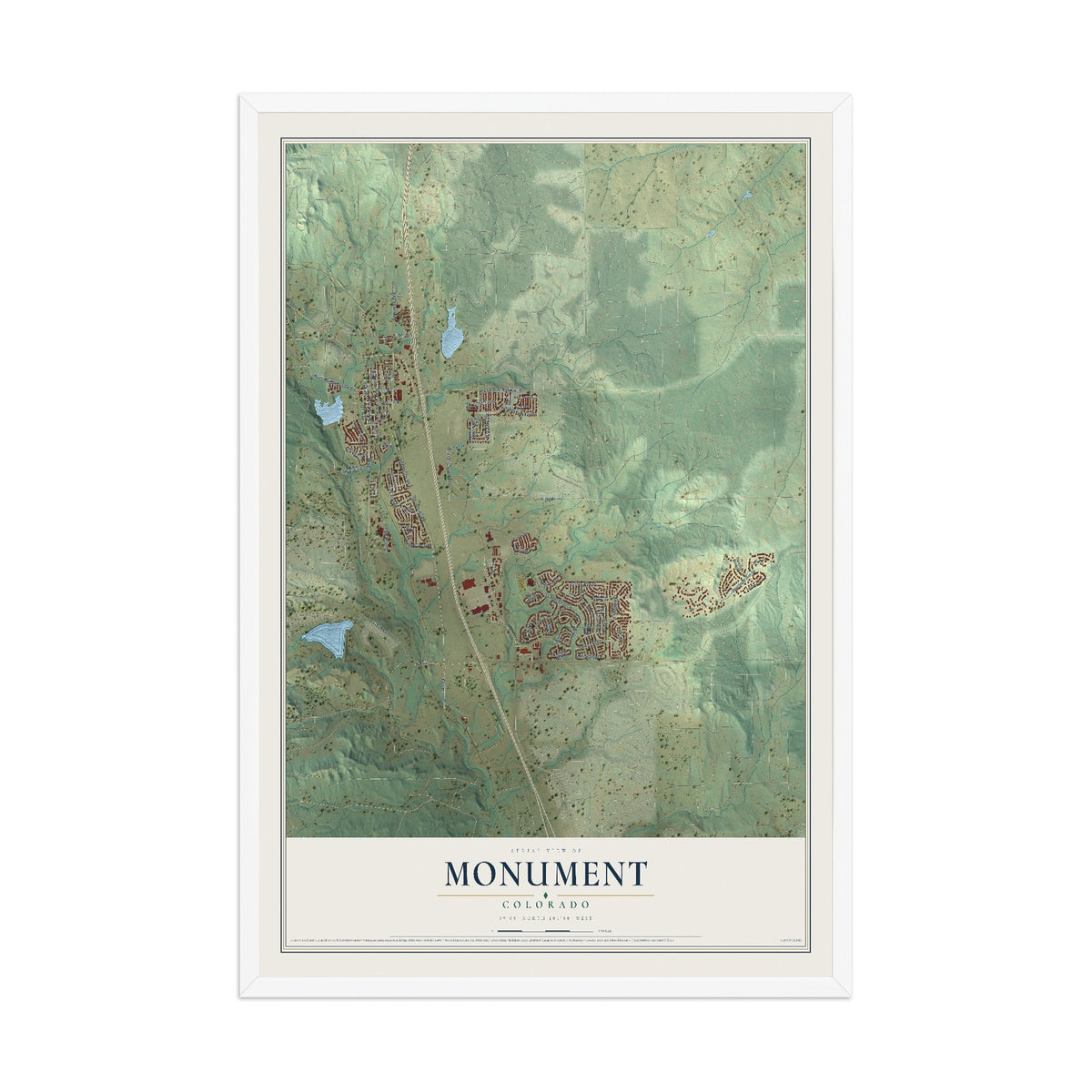 Map of Monument, Colorado, 12 x 18 inch print in a white wood frame