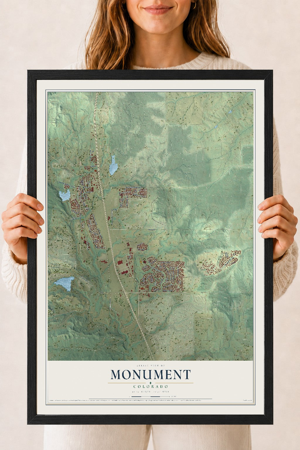 Map of Monument, Colorado, 18 x 24 inch print in a black wood frame