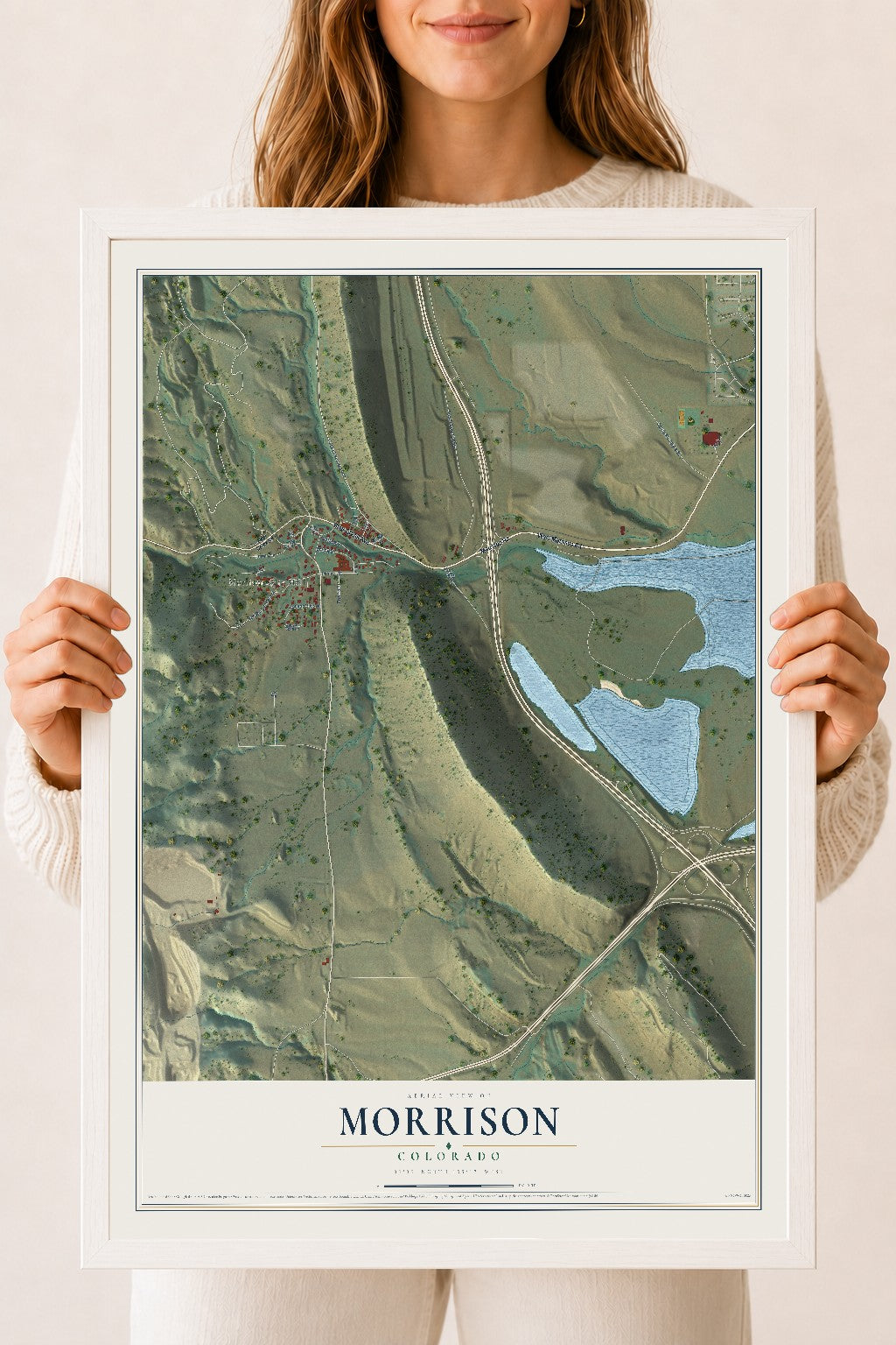 Map of Morrison, Colorado, 18 x 24 inch print in a white wood frame