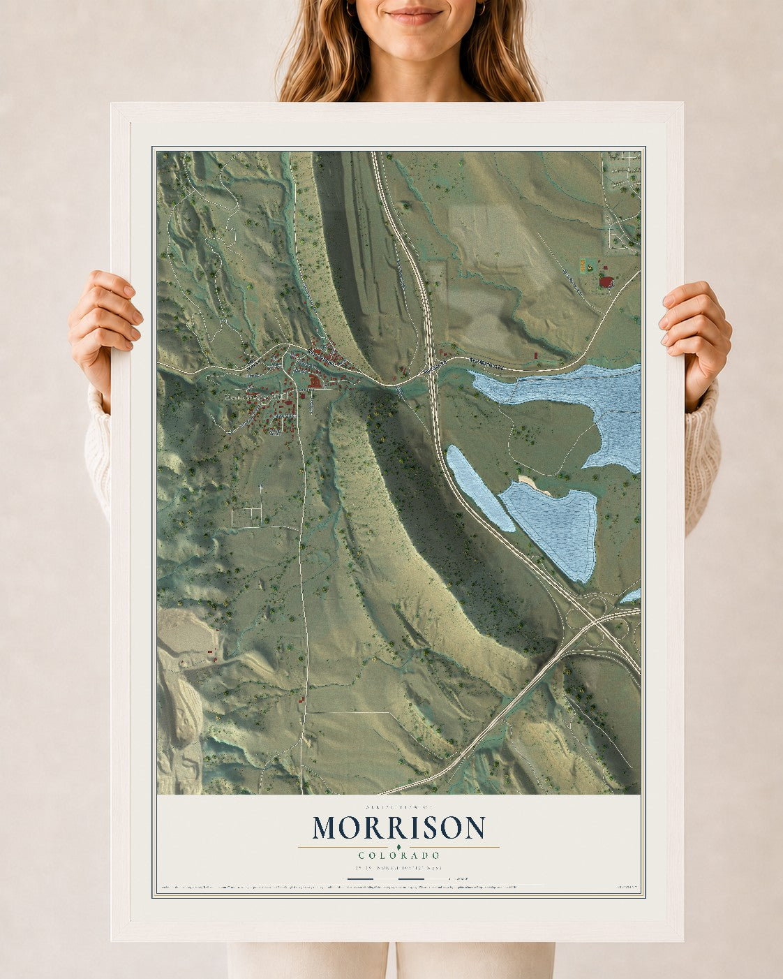 Map of Morrison, Colorado, 24 x 36 inch print in a white wood frame