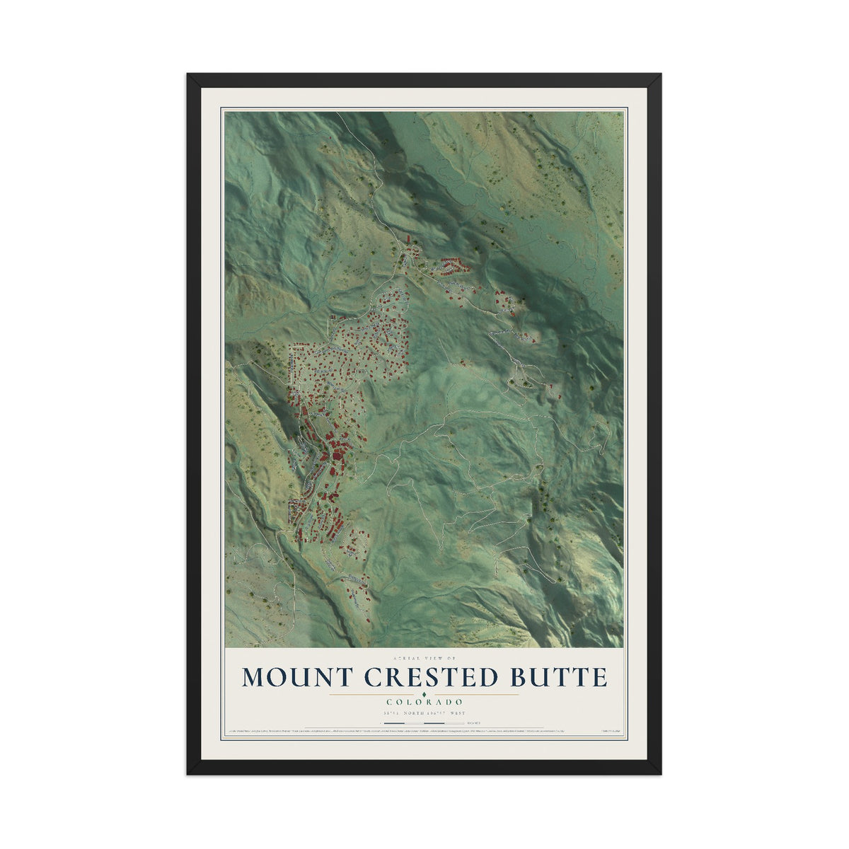 Map of Mount Crested Butte, Colorado, 12 x 18 inch print in a black wood frame