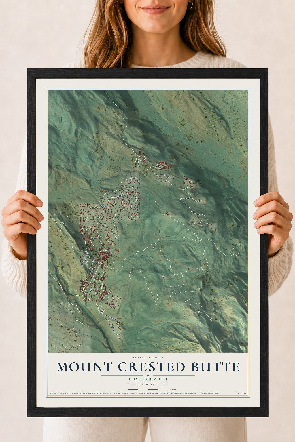 Map of Mount Crested Butte, Colorado, 18 x 24 inch print in a black wood frame