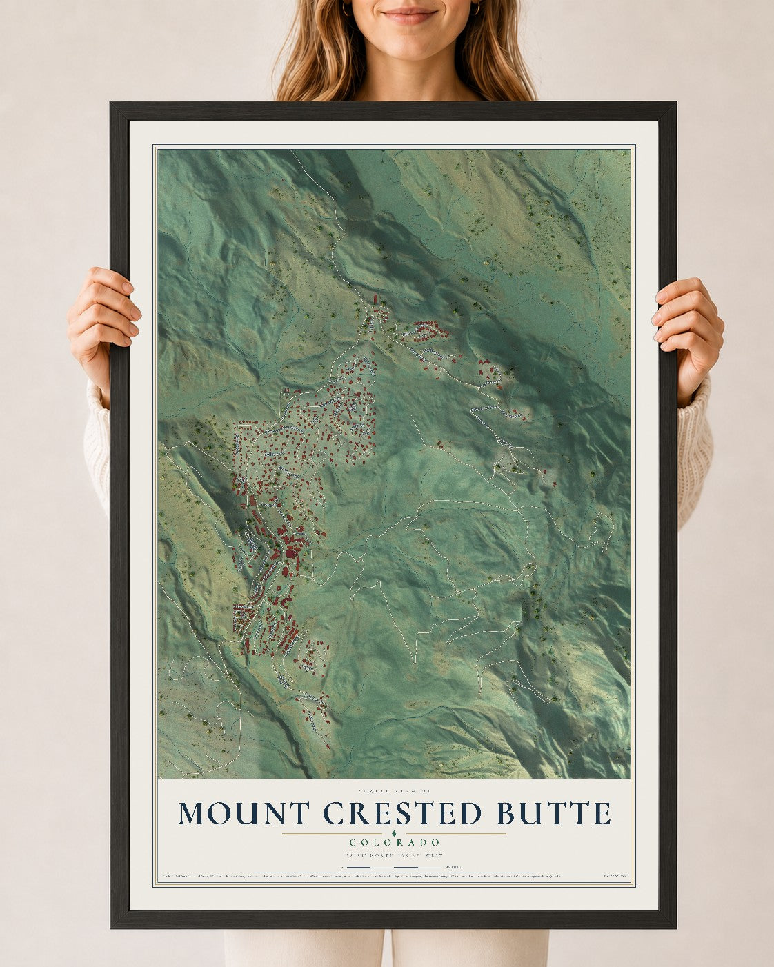 Map of Mount Crested Butte, Colorado, 24 x 36 inch print in a black wood frame
