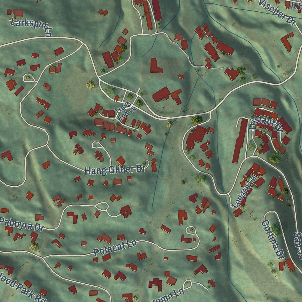 Close-up of the map of Mountain Village, Colorado print showing street and building detail