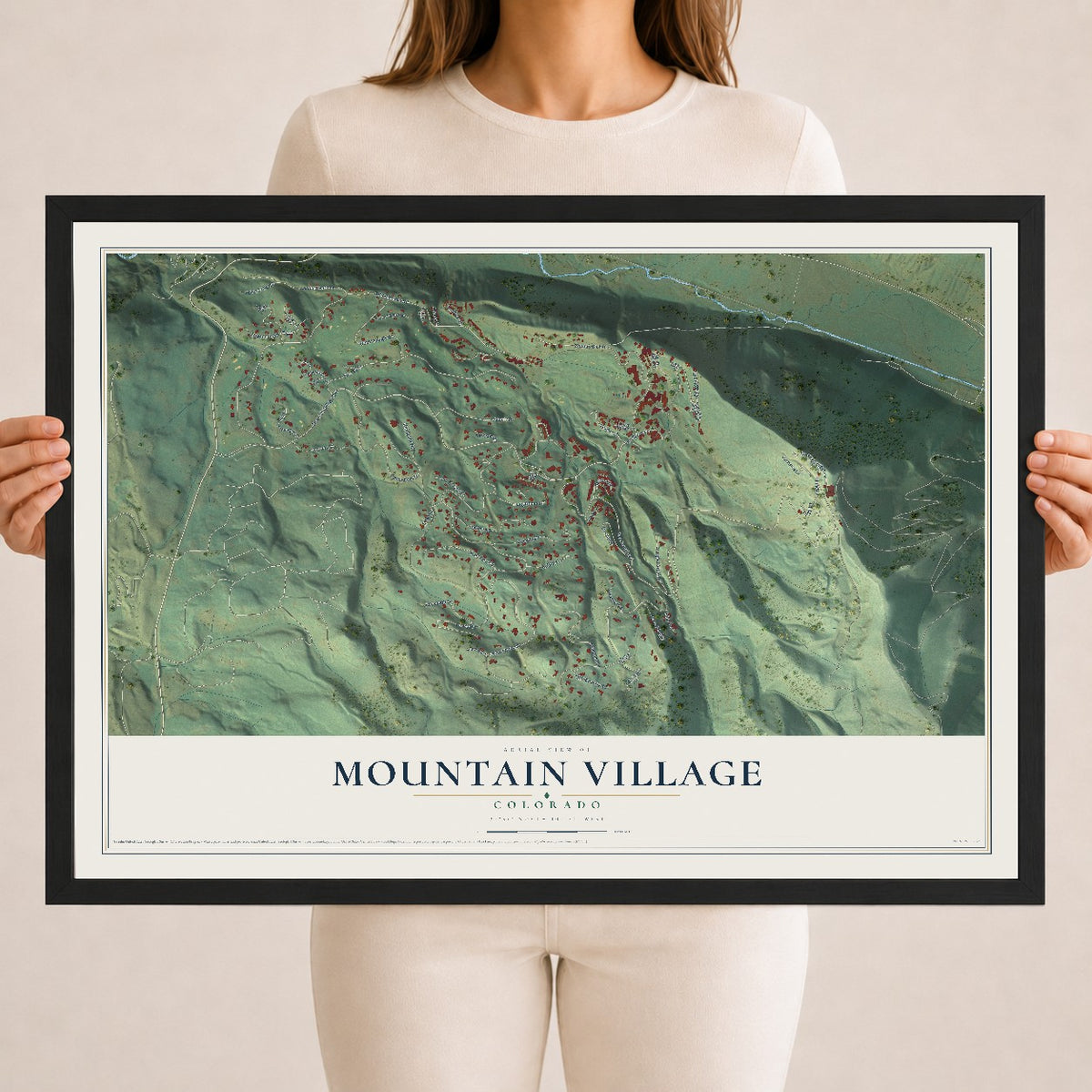 Map of Mountain Village, Colorado, 18 x 24 inch print in a black wood frame