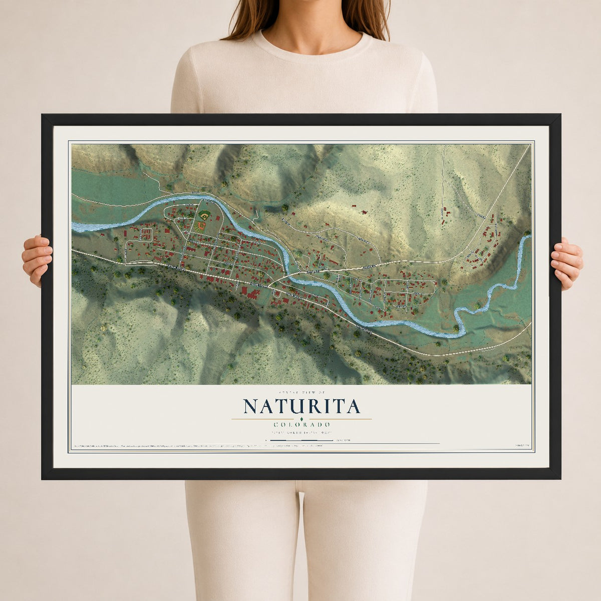 Map of Naturita, Colorado, 24 x 36 inch print in a black wood frame