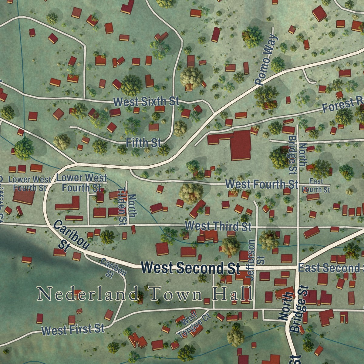 Close-up of the map of Nederland, Colorado print showing street and building detail