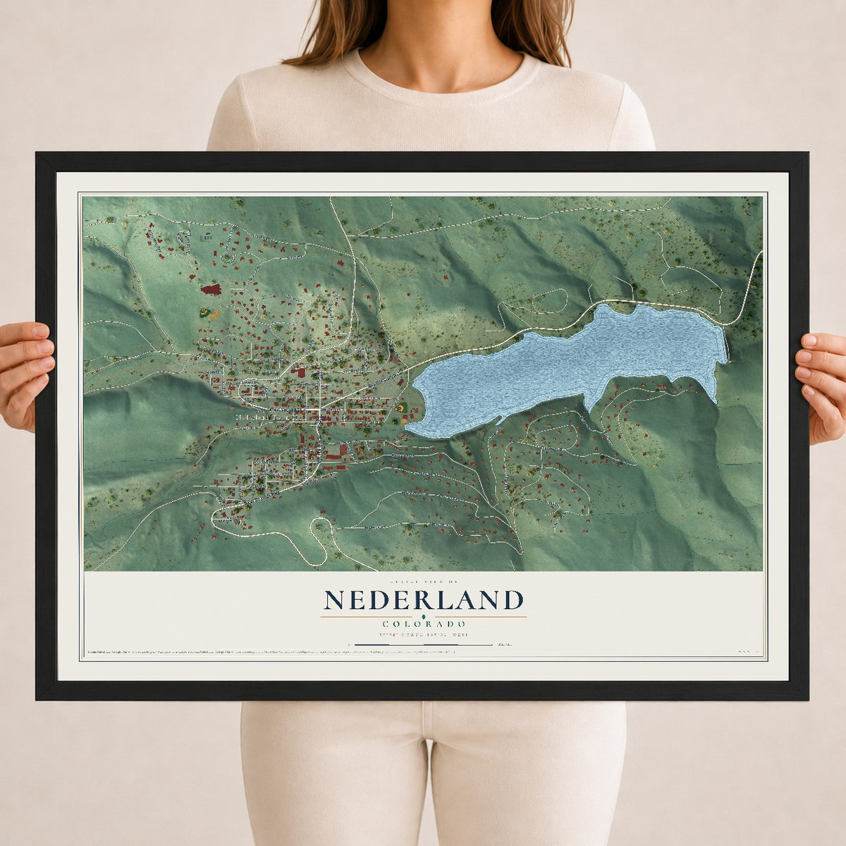 Map of Nederland, Colorado, 18 x 24 inch print in a black wood frame
