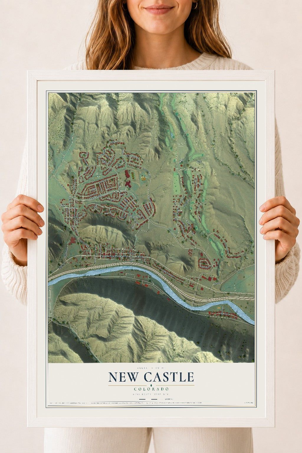Map of New Castle, Colorado, 18 x 24 inch print in a white wood frame