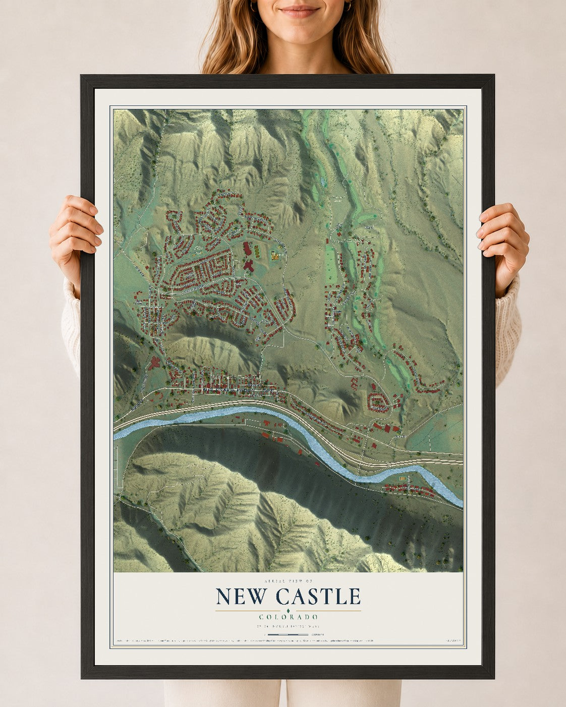 Map of New Castle, Colorado, 24 x 36 inch print in a black wood frame