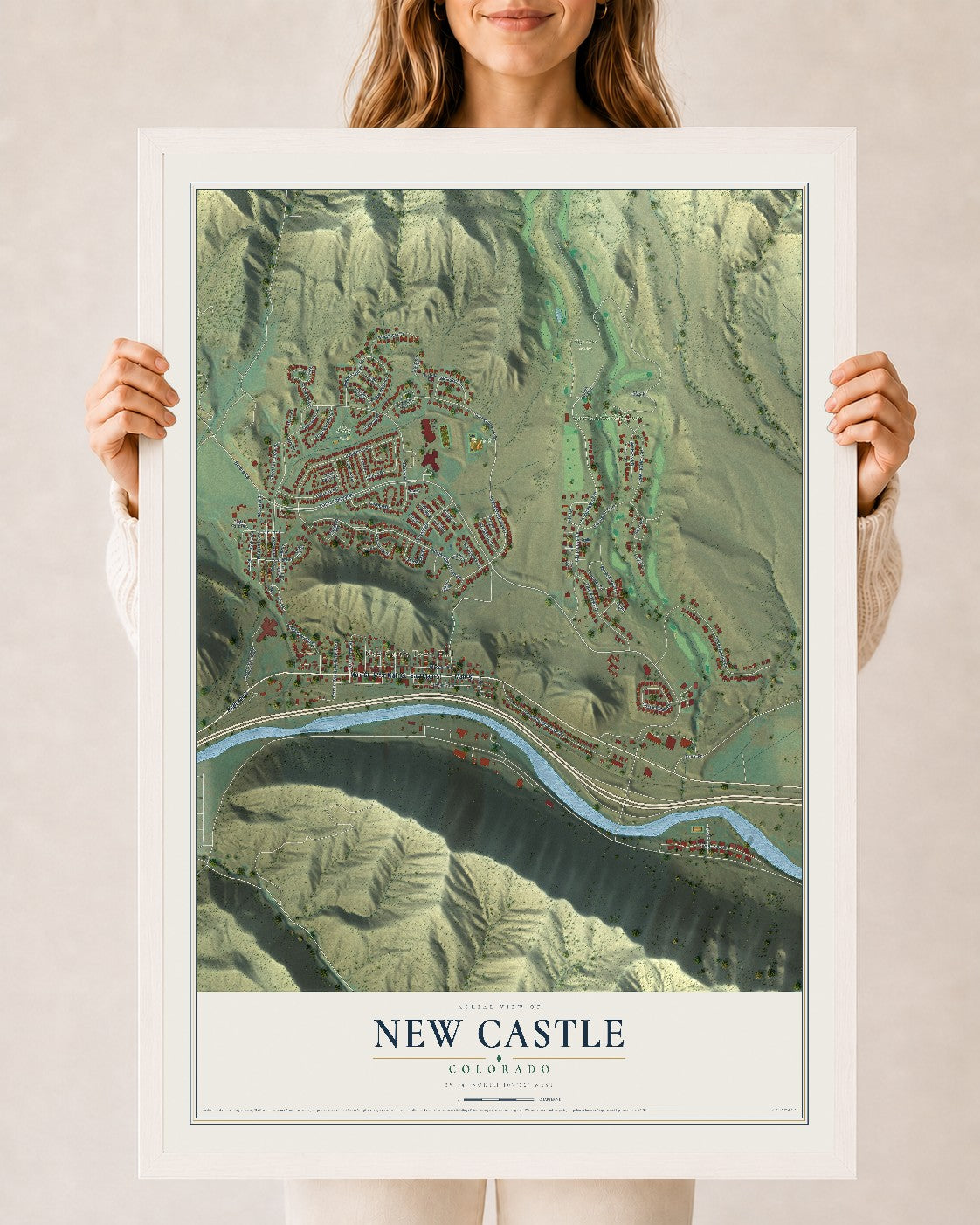 Map of New Castle, Colorado, 24 x 36 inch print in a white wood frame