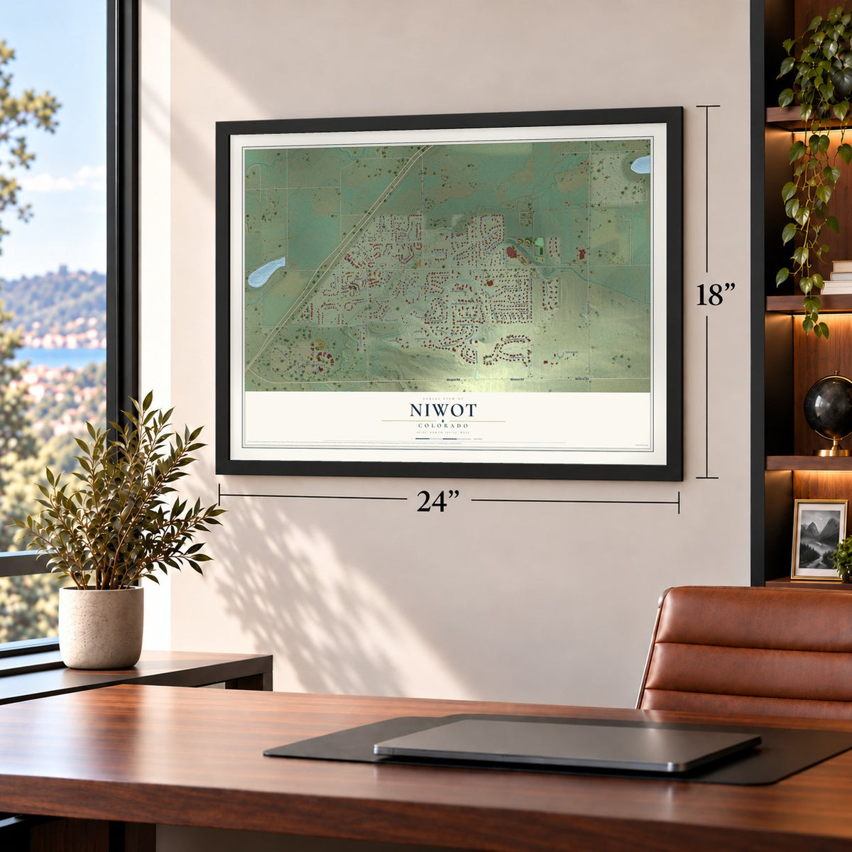 Niwot, Colorado map, 18 x 24 inch print in a black frame in a home office