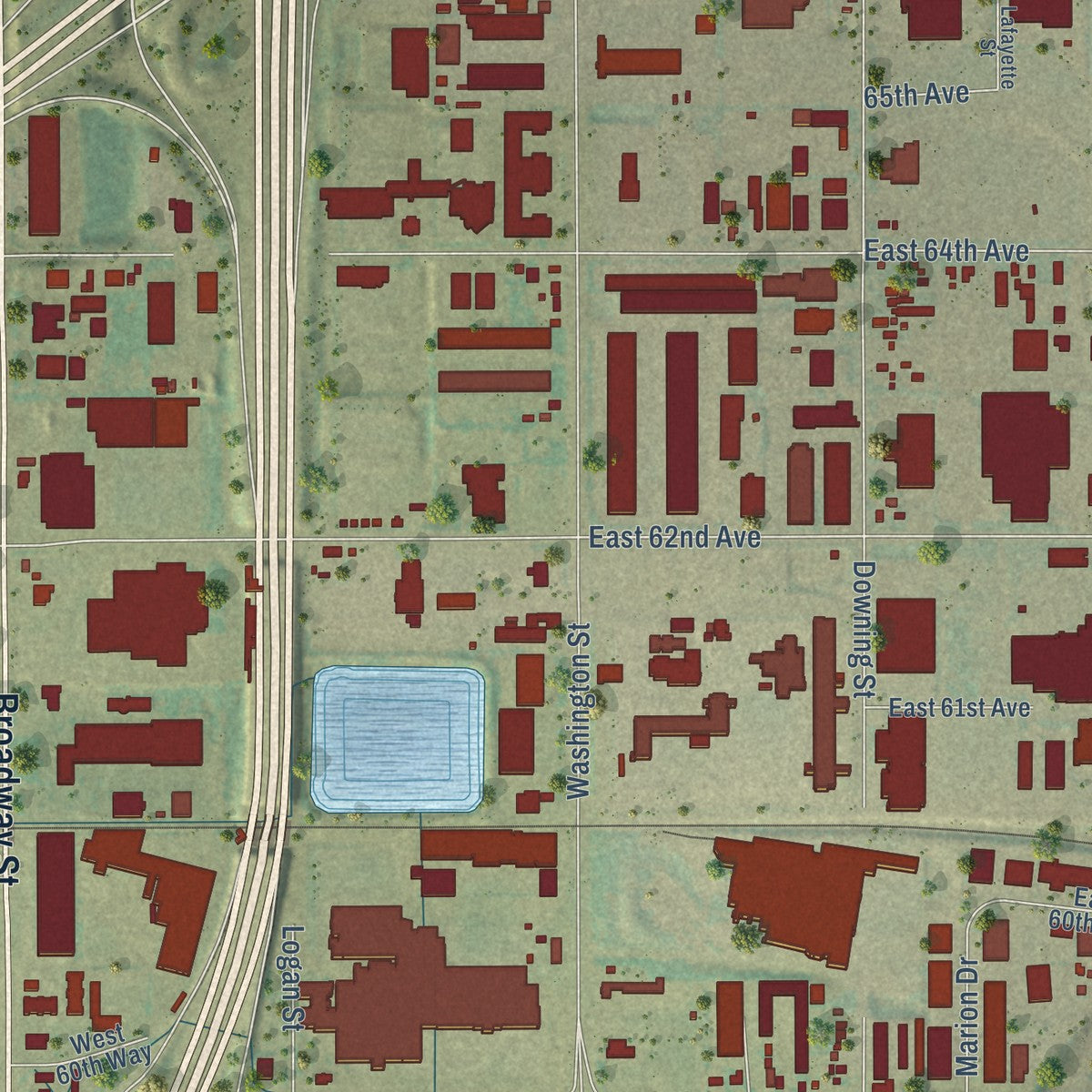 Close-up of the map of North Washington, Colorado print showing street and building detail