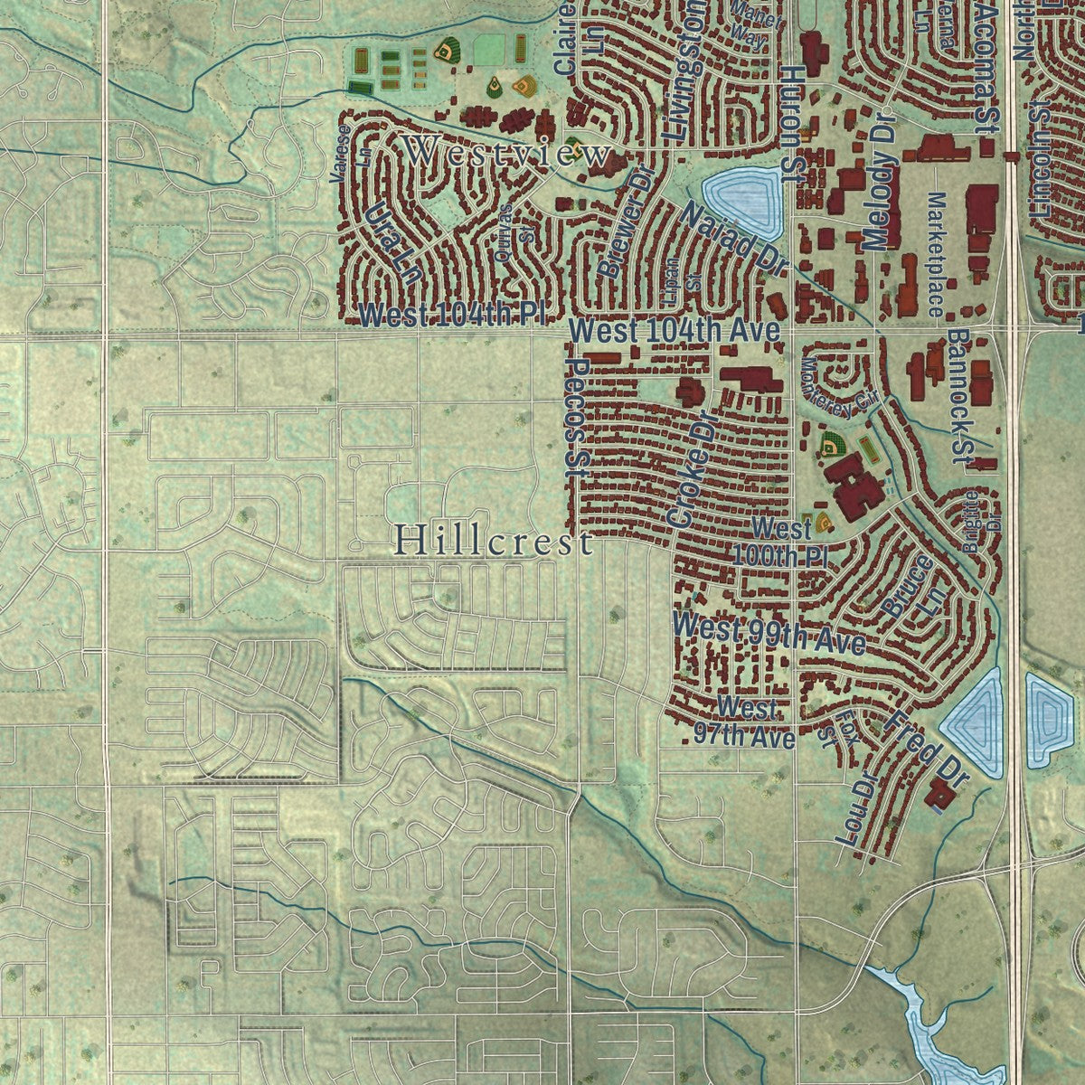 Second close-up of the map of Northglenn, Colorado print showing more streets and buildings