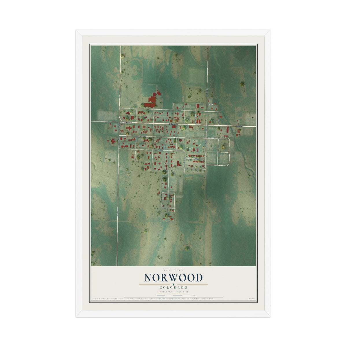 Map of Norwood, Colorado, 12 x 18 inch print in a white wood frame