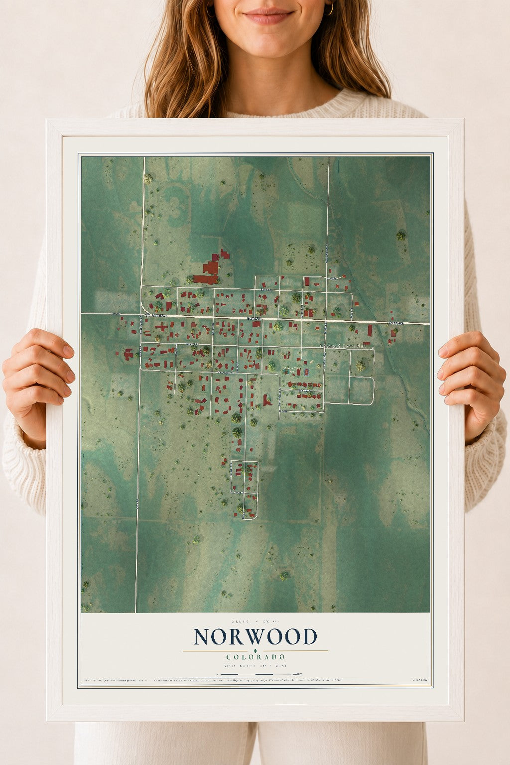 Map of Norwood, Colorado, 18 x 24 inch print in a white wood frame