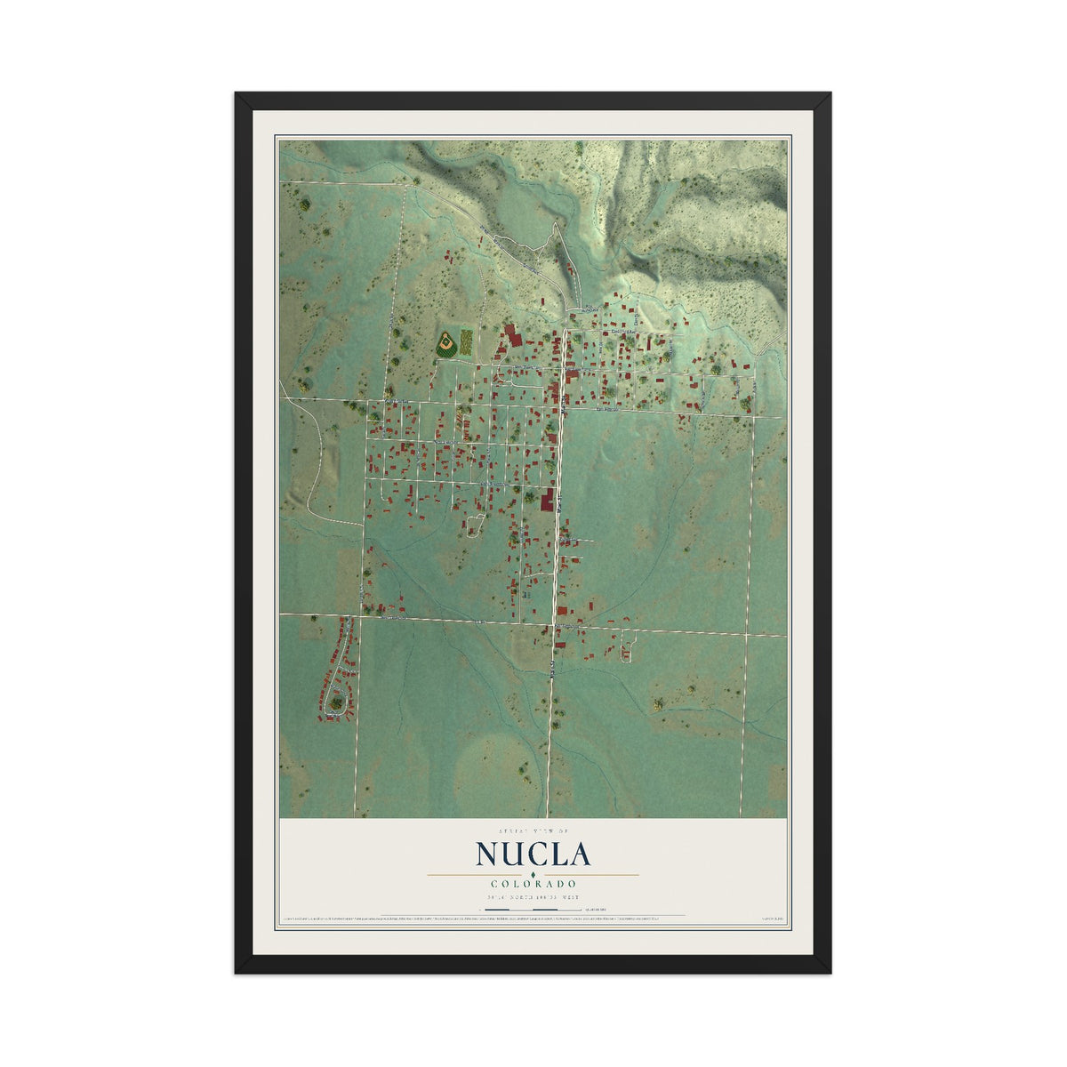 Map of Nucla, Colorado, 12 x 18 inch print in a black wood frame