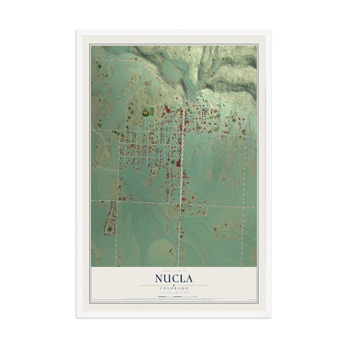 Map of Nucla, Colorado, 12 x 18 inch print in a white wood frame