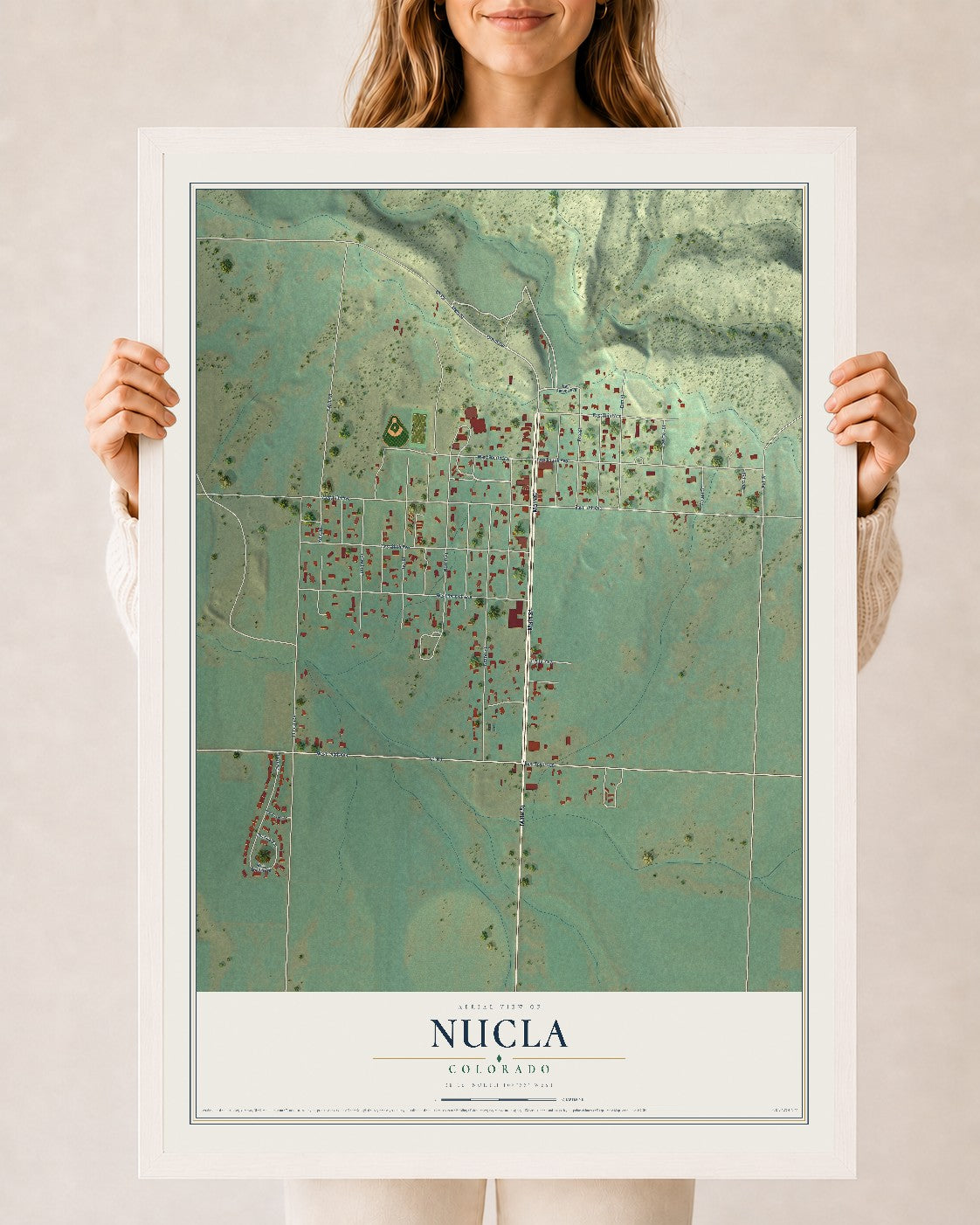 Map of Nucla, Colorado, 24 x 36 inch print in a white wood frame