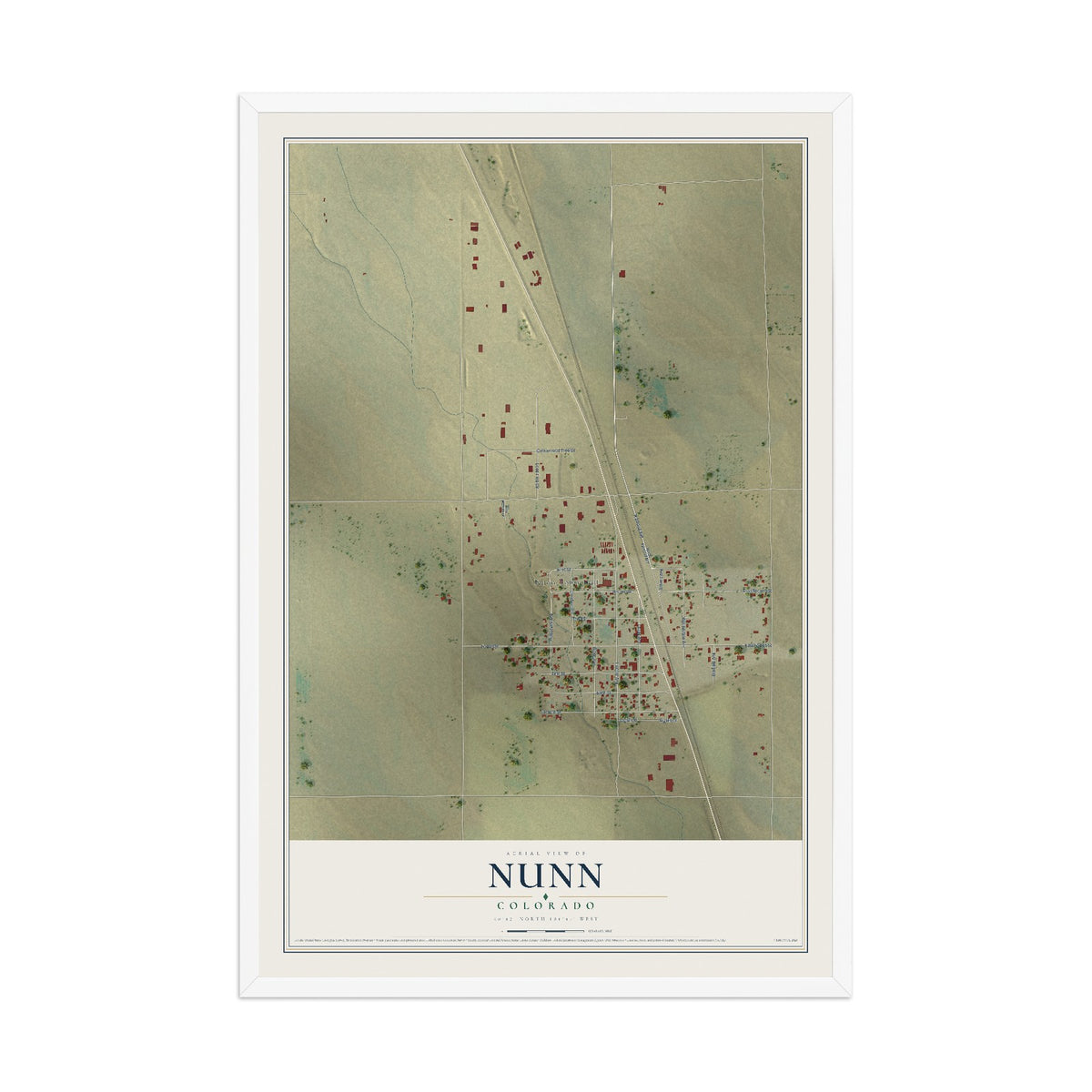 Map of Nunn, Colorado, 12 x 18 inch print in a white wood frame