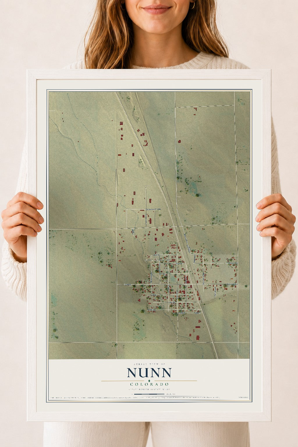 Map of Nunn, Colorado, 18 x 24 inch print in a white wood frame