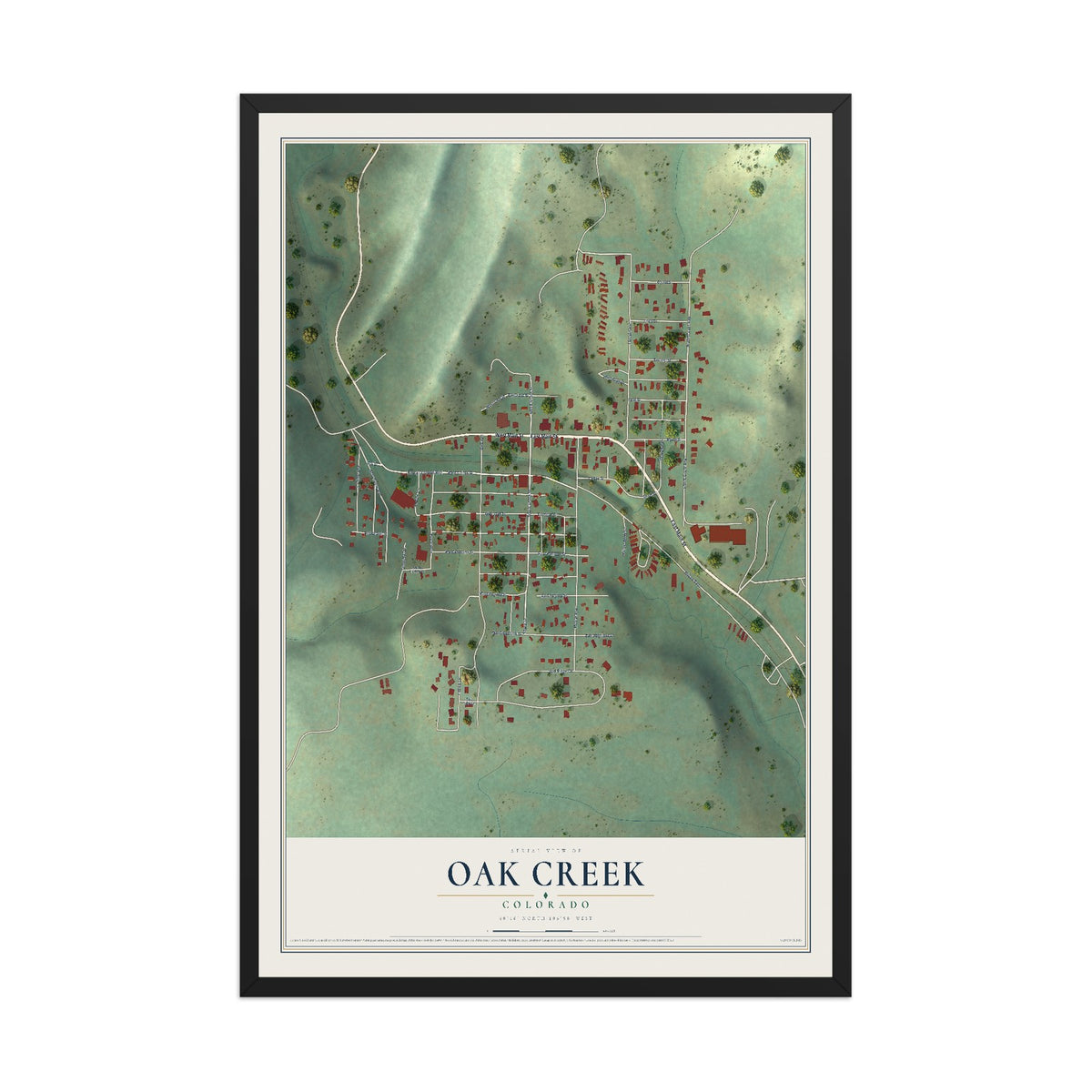 Map of Oak Creek, Colorado, 12 x 18 inch print in a black wood frame