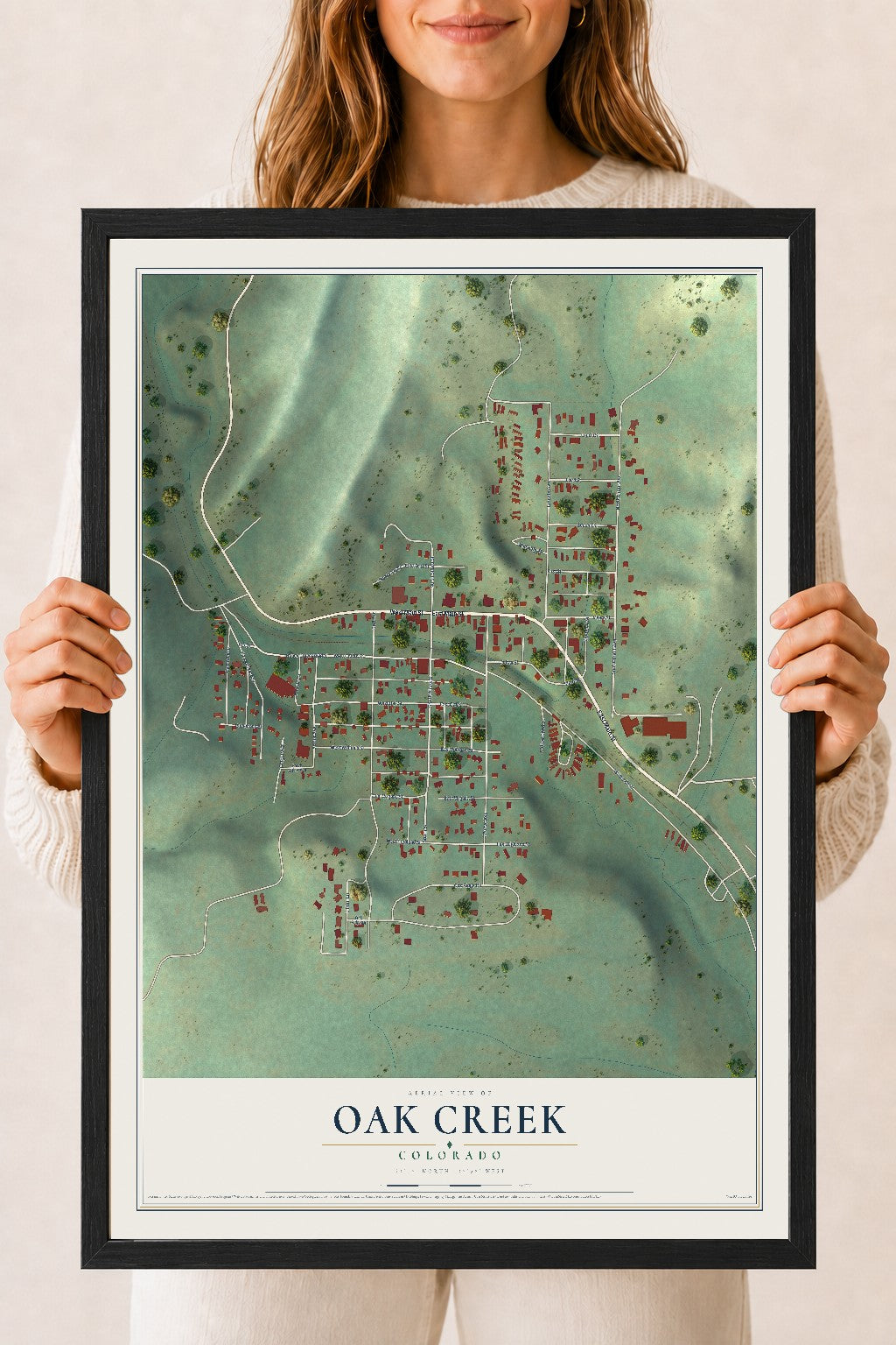 Map of Oak Creek, Colorado, 18 x 24 inch print in a black wood frame