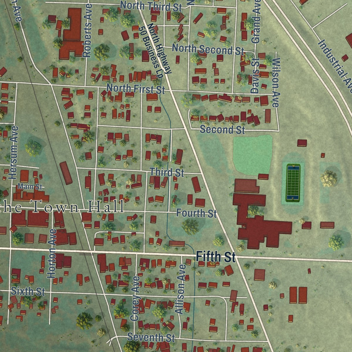 Close-up of the map of Olathe, Colorado print showing street and building detail