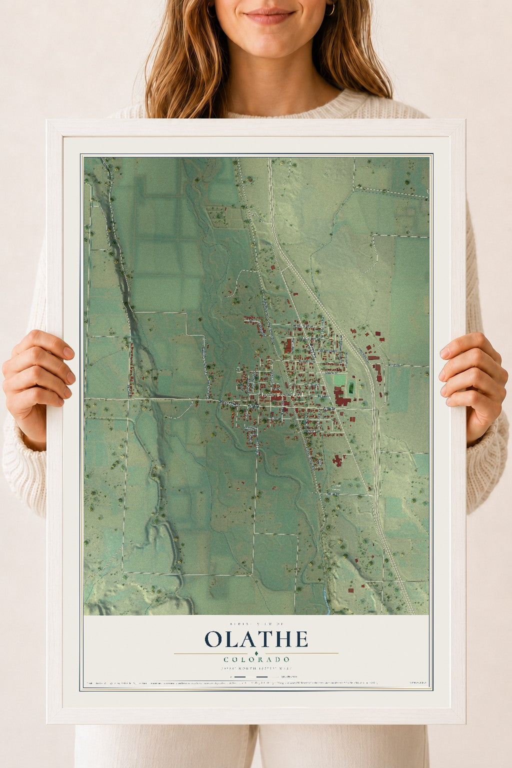 Map of Olathe, Colorado, 18 x 24 inch print in a white wood frame