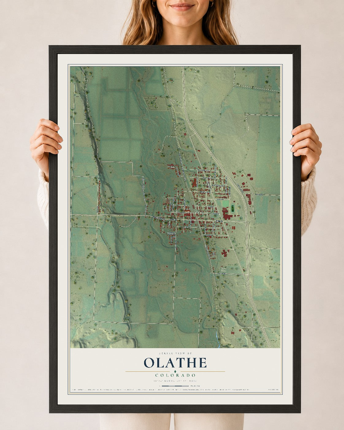 Map of Olathe, Colorado, 24 x 36 inch print in a black wood frame