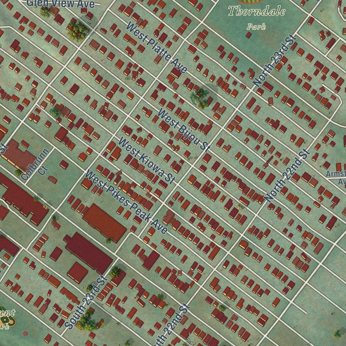 Close-up of the map of Old Colorado City, Colorado print showing street and building detail