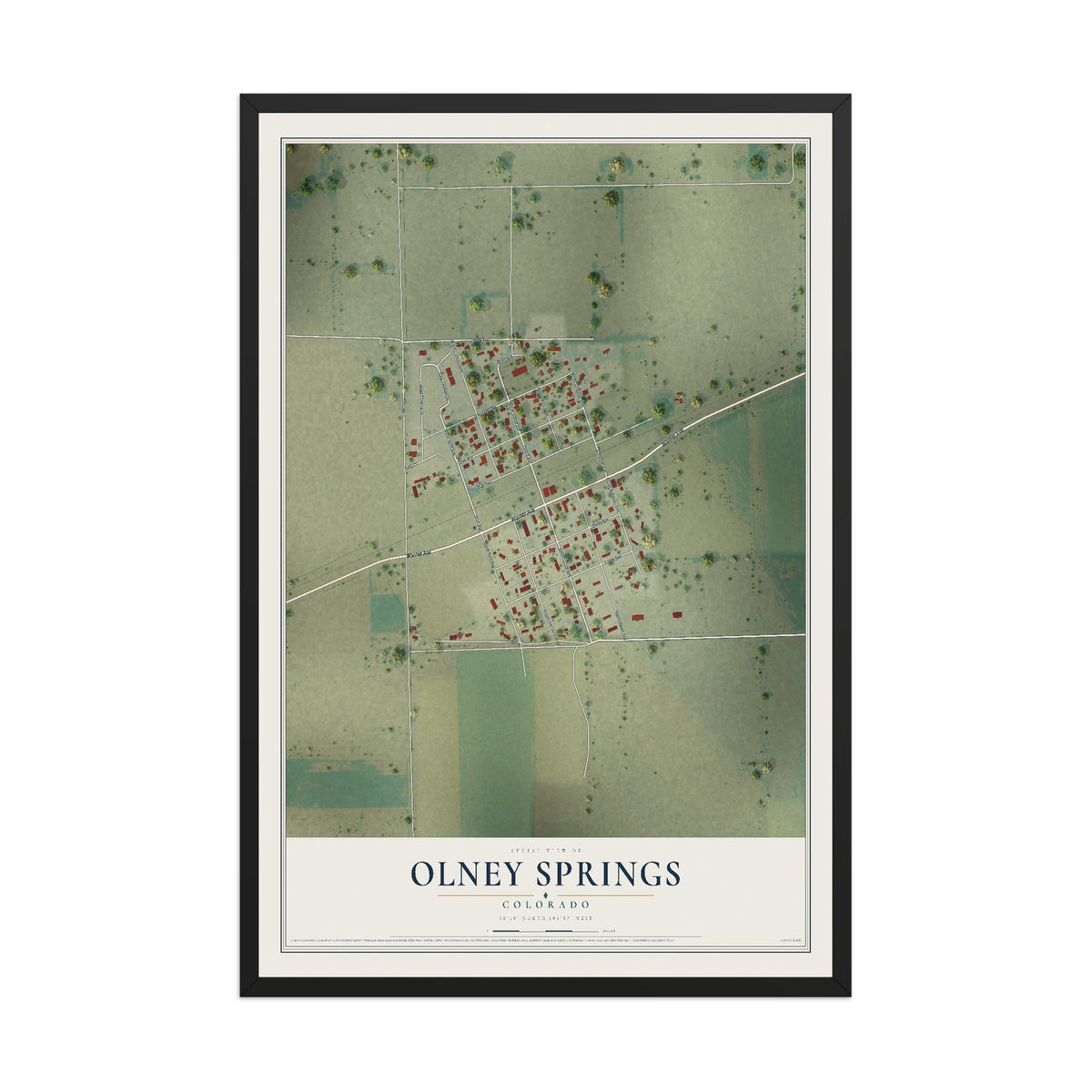 Map of Olney Springs, Colorado, 12 x 18 inch print in a black wood frame
