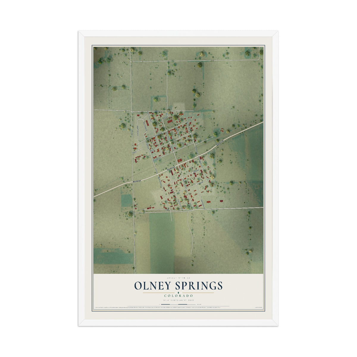 Map of Olney Springs, Colorado, 12 x 18 inch print in a white wood frame
