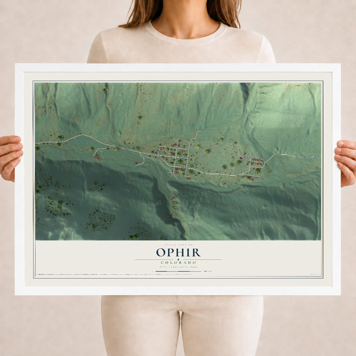 Map of Ophir, Colorado, 18 x 24 inch print in a white wood frame
