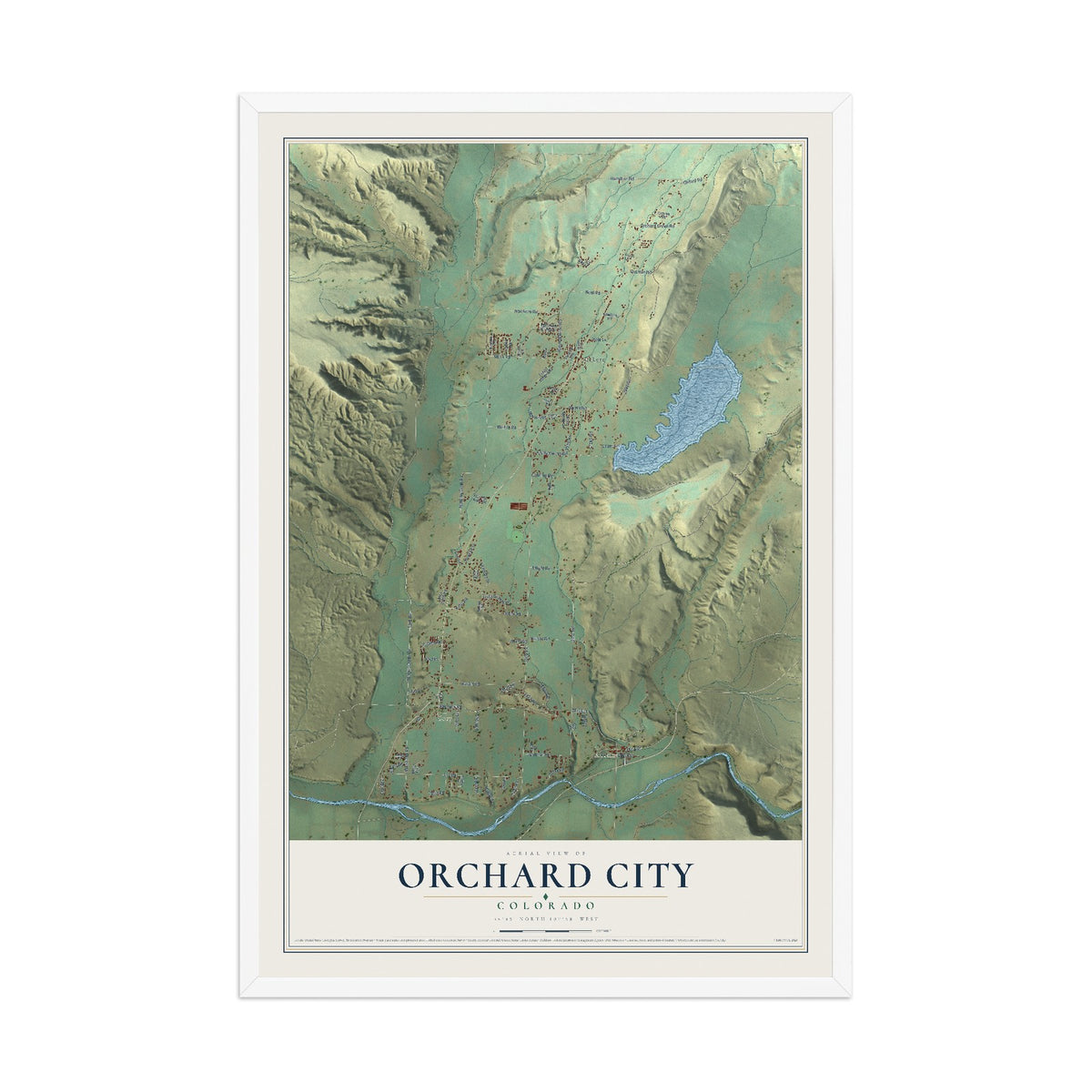 Map of Orchard City, Colorado, 12 x 18 inch print in a white wood frame