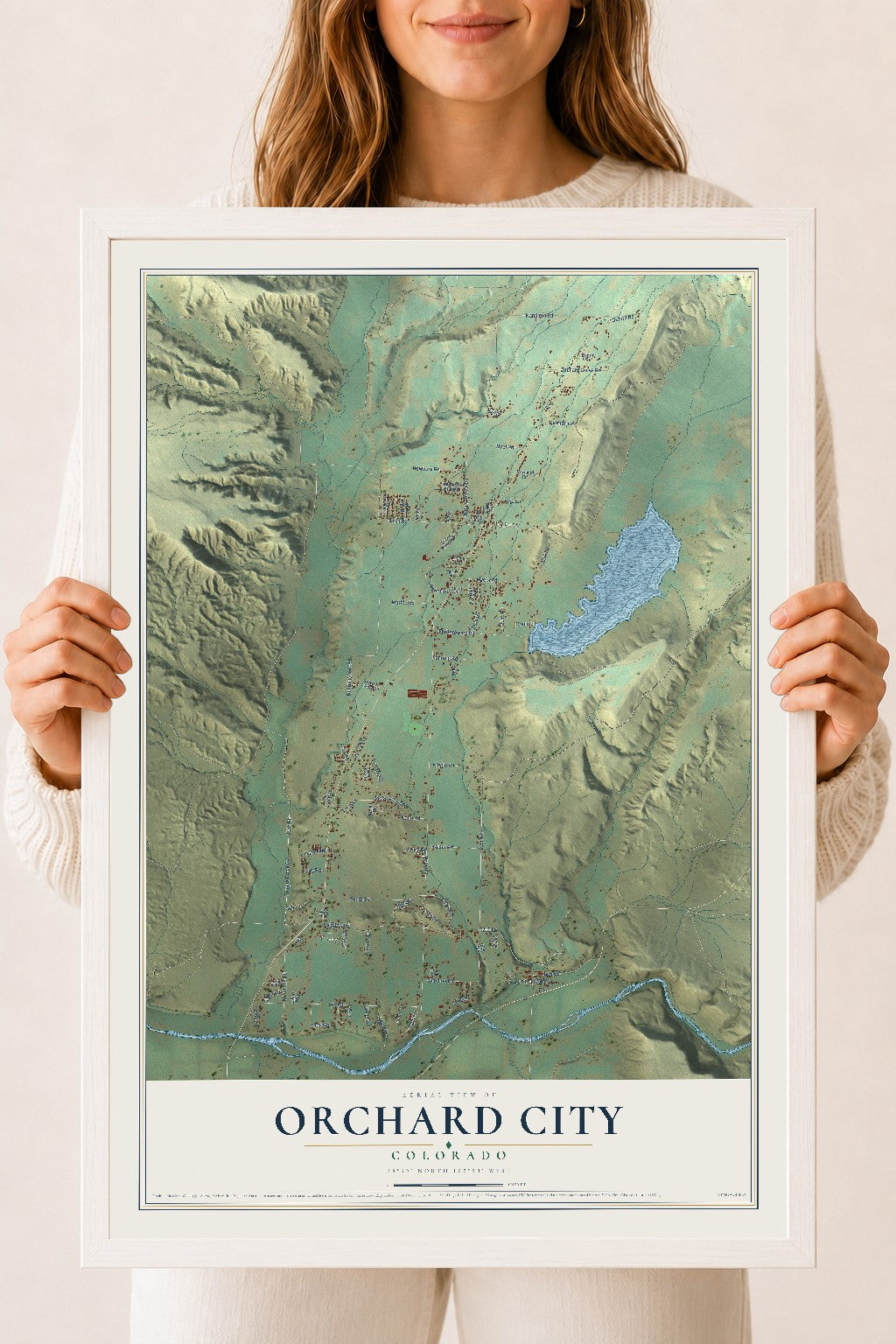 Map of Orchard City, Colorado, 18 x 24 inch print in a white wood frame