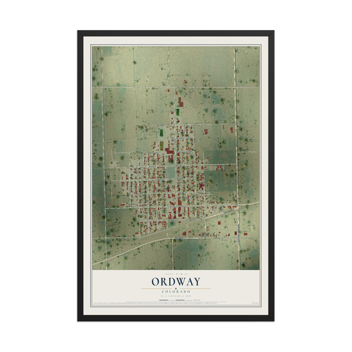 Map of Ordway, Colorado, 12 x 18 inch print in a black wood frame