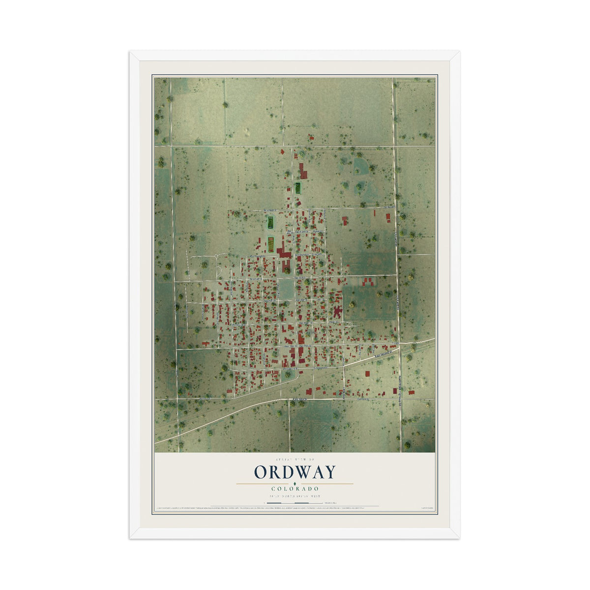 Map of Ordway, Colorado, 12 x 18 inch print in a white wood frame