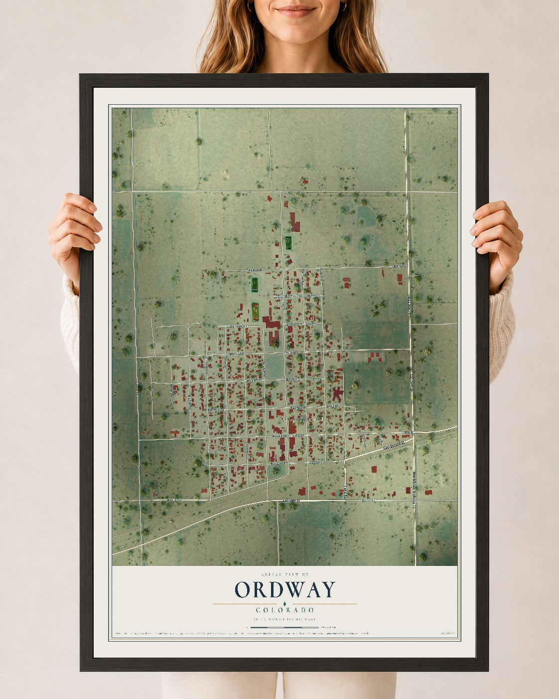 Map of Ordway, Colorado, 24 x 36 inch print in a black wood frame