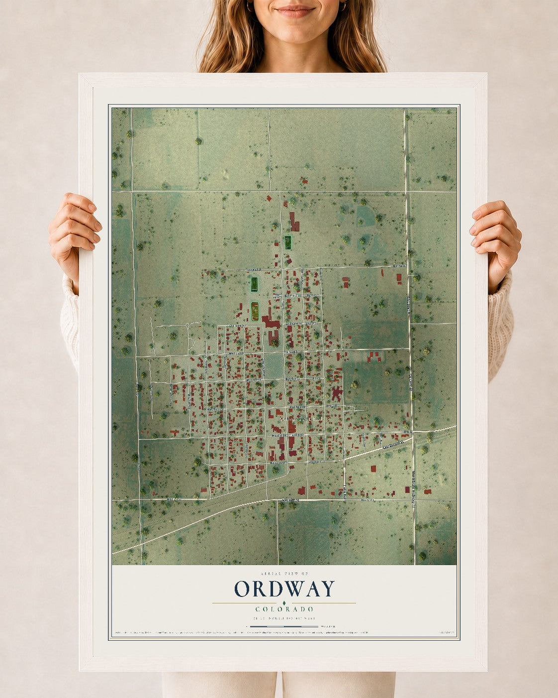 Map of Ordway, Colorado, 24 x 36 inch print in a white wood frame