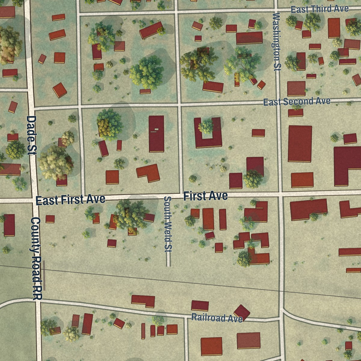 Close-up of the map of Otis, Colorado print showing street and building detail