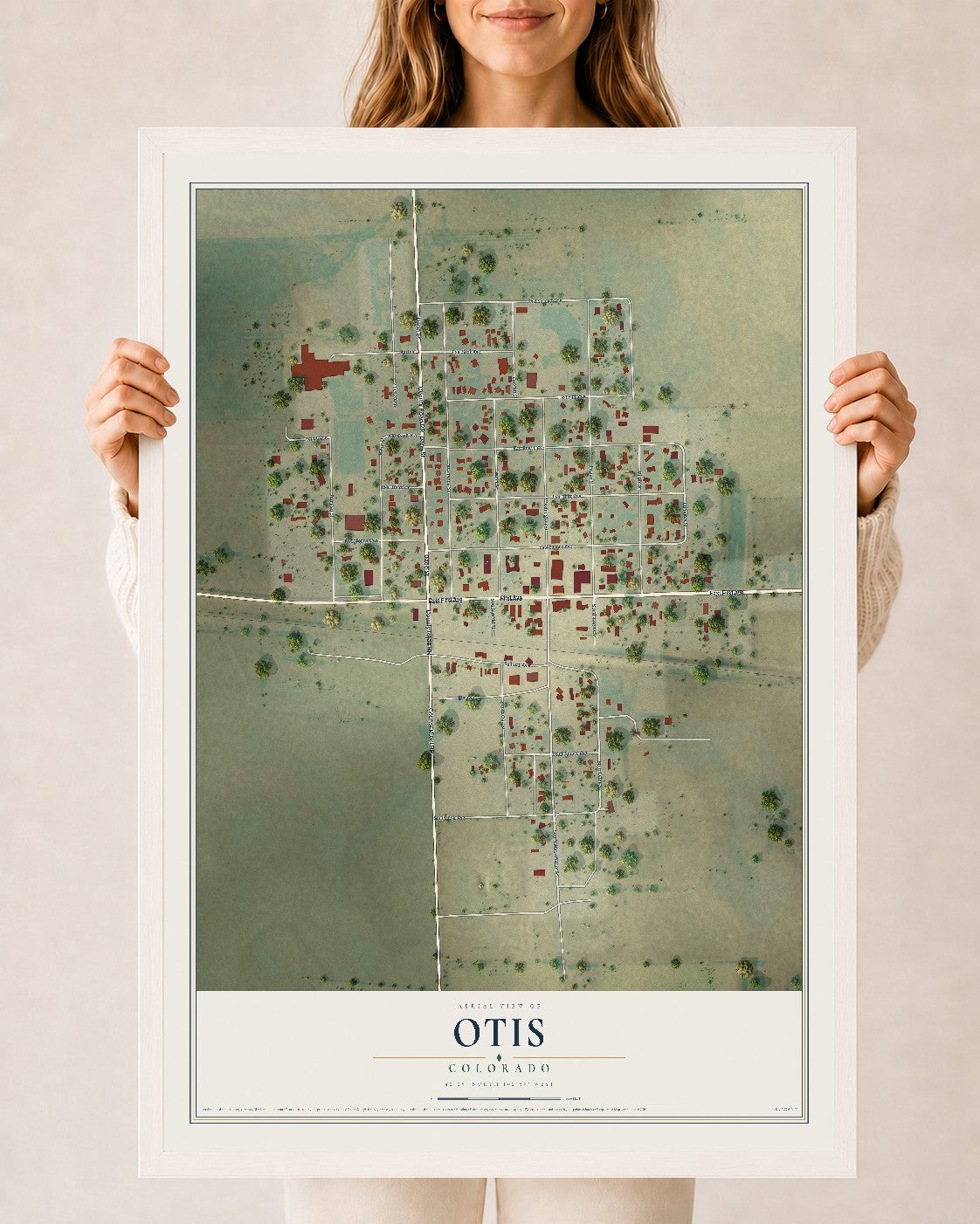Map of Otis, Colorado, 24 x 36 inch print in a white wood frame